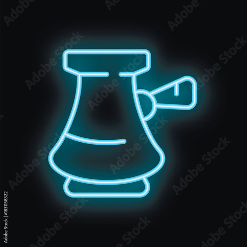 Blue neon sign of cezve, a pot in which turkish coffee is brewed, on a black background