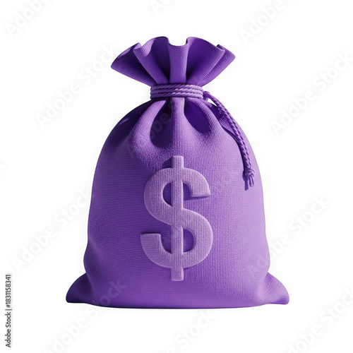 Purple drawstring money bag with embossed dollar sign isolated on a transparent background finance