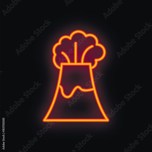 Neon sign of a volcano erupting with smoke and lava