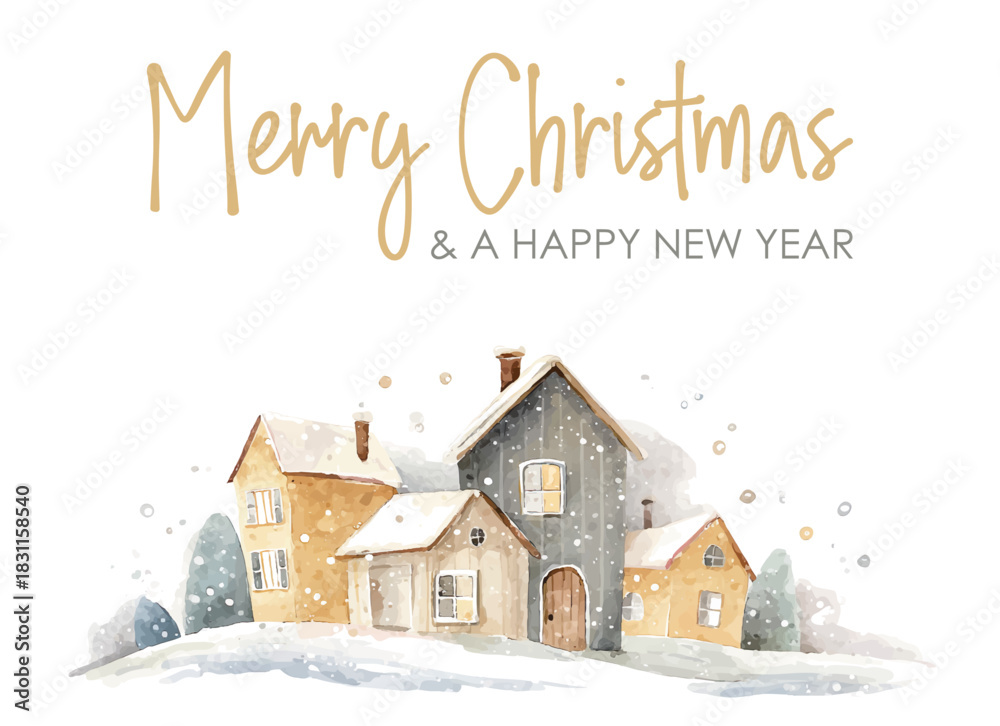 Naklejka premium Real estate christmas card with Merry Christmas text, cozy watercolor illustration, vector template for web and social media banner