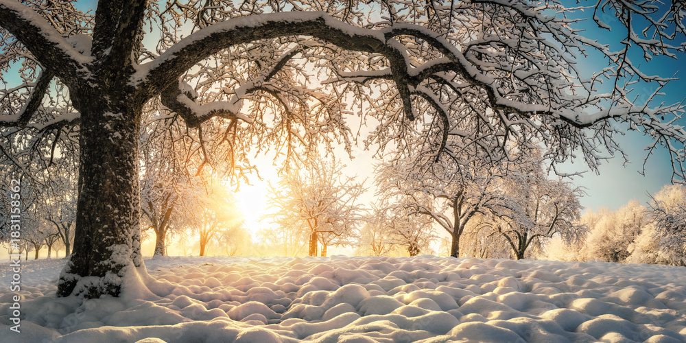 Obraz premium Winter rural wonderland landscape with golden sunlight, blue sky and beautiful snow-covered trees on a field