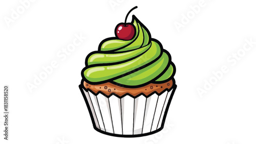 Delicious green frosted cupcake with cherry on top ready to eat.