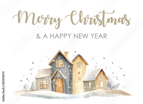 christmas card with winter village houses and Merry Christmas text, cozy watercolor illustration, vector template for web and social media banner