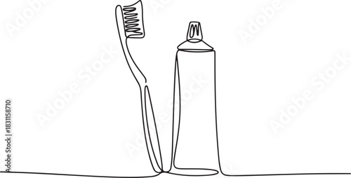 Toothbrush and paste continuous one line drawing and minimalist style. one line Icon drawing