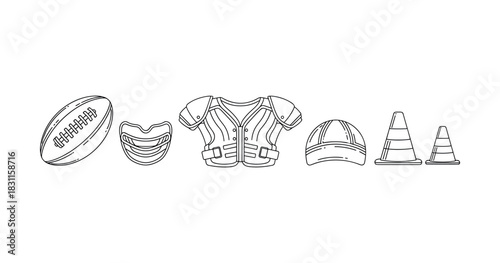 American football equipment: ball, mouthguard, shoulder pads, helmet, cones for training
