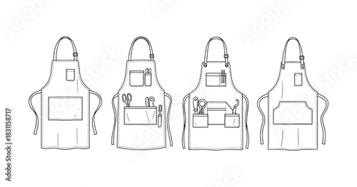 Set of four aprons with pockets and kitchen tools illustration