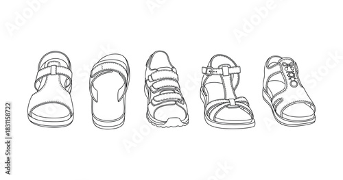 Line art of various casual sandals with buckles and straps
