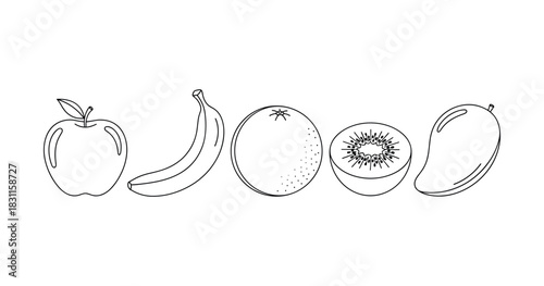 Black and white line art of apple, banana, orange, kiwi, and mango