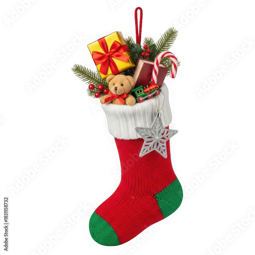 Red and green Christmas stocking overflowing with festive toys gifts and ornaments isolated on a transparent background