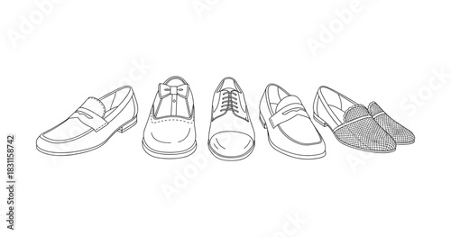 Line art shoe collection featuring loafers, oxfords, brogues, and moccasins
