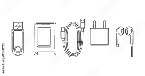 Vector line art of usb accessories and gadgets set