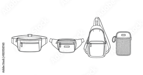 Line art of diverse bag styles: fanny pack, waist bag, backpack, sling bag variety