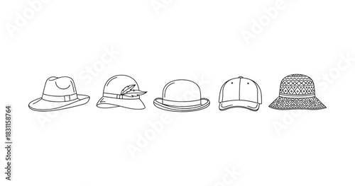 Variety of hat styles: fedora, pith helmet, bowler, baseball, bucket