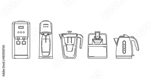 Line art of kitchen appliances: water dispenser, coffee maker, blender, juicer, and kettle