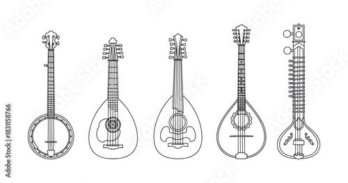 Outline of traditional string instruments: banjo, mandolin, mandola, guitar, sitar