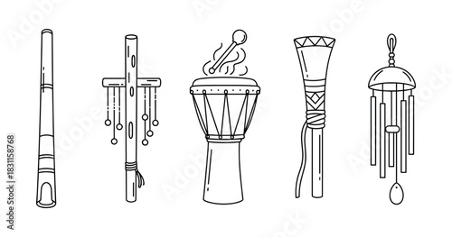 Outline drawings of musical instruments featuring flute, drum, and wind chime