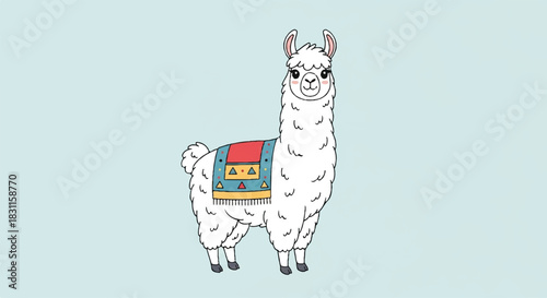 Adorable llama stands proudly showcasing its beautiful white fur and colorful saddle.