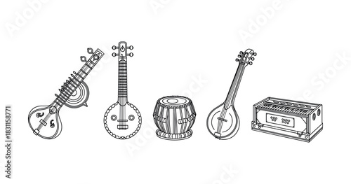 Illustration of traditional indian musical instruments: sitar, tabla, harmonium, veena, banjo