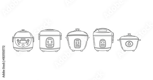 Set of diverse rice cookers line art illustration with various designs and styles
