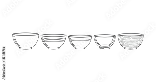 Set of five different style bowls in black and white sketch