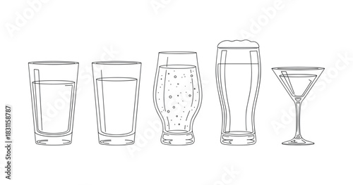 Illustration of five different glasses: water, beer, and cocktail styles