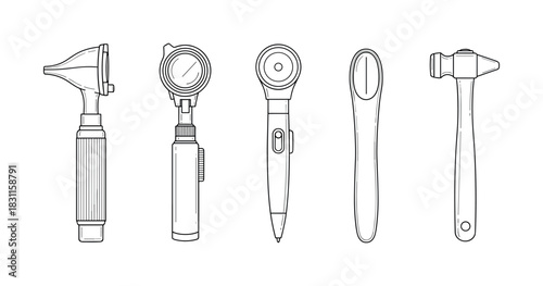 Medical diagnostic tools and instruments collection line drawing