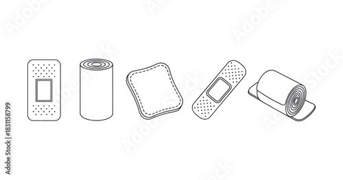 Illustration of assorted medical bandages and gauze rolls in line drawing style