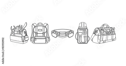Line drawing of tool bags, backpack, tool belt, and tool carrier