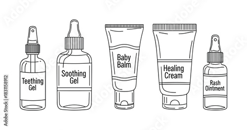 Baby skincare products: teething gel, soothing gel, baby balm, healing cream, rash ointment