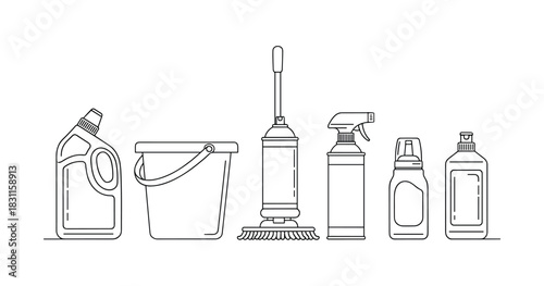 Line art of cleaning supplies: detergent, mop, bucket, spray bottle, and more