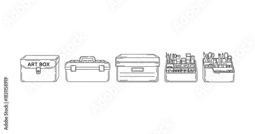Line art of art boxes with various supplies and organization options