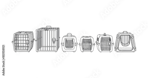 Various pet carriers for cats and dogs: wire, plastic, portable crates