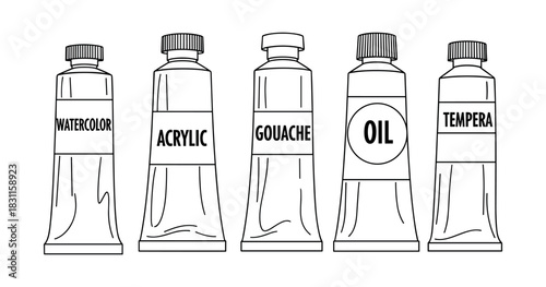 Watercolor, acrylic, gouache, oil, tempera paint tubes illustration