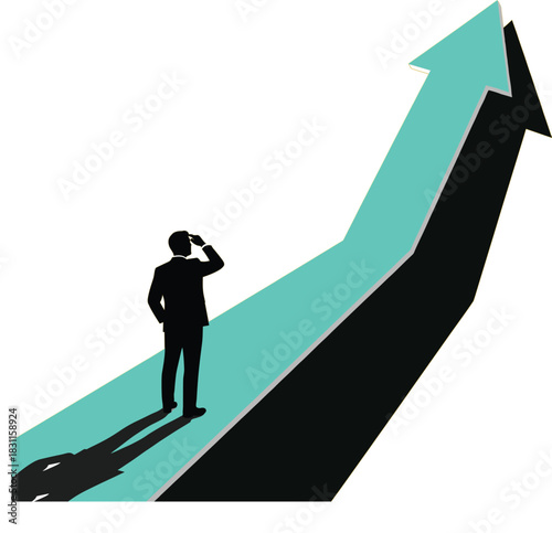 Businessman Silhouette Standing on a Large Upward Arrow Contemplating Future Direction Representing Business Growth Market Success Ambitious Strategy and Forward Progress
