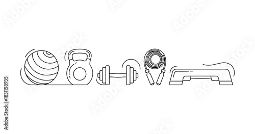 Fitness equipment icons: ball, kettlebell, dumbbell, jump rope, step platform