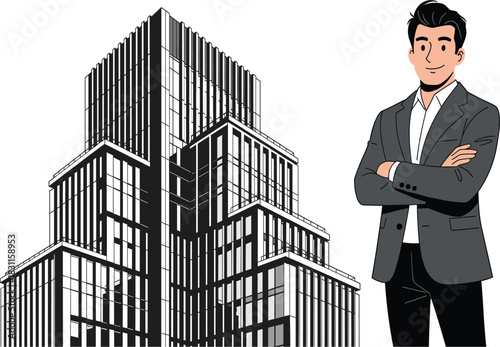Confident Businessman Standing with Crossed Arms Beside a Modern Corporate Office Building Representing Real Estate Architecture Business Ownership Financial Success and Company Headquarters