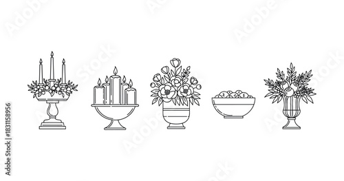 Elegant floral arrangements and candle centerpieces in various vases