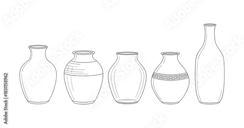 Minimalist line art: five unique vase designs in various shapes