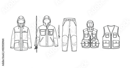 Fishing gear outline: jacket, rod, pants, vest for outdoor adventure