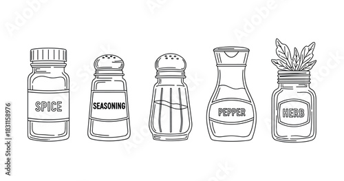 Spice and herb containers line art illustration on white background
