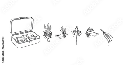 Fishing fly collection with organizer box and five intricate designs