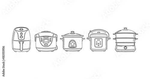Line art of kitchen appliances: air fryer, slow cooker, and steamer
