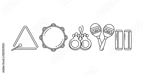 Outline of various percussion instruments: triangle, tambourine, castanets, maracas, bongo drums