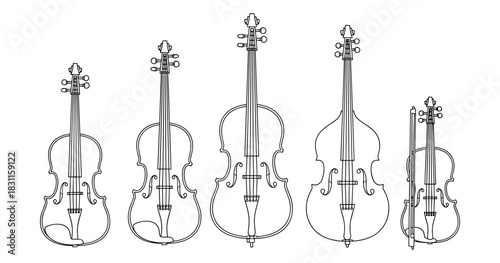 Illustration of string instruments: violin, viola, cello, double bass, and bow