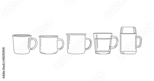 Line art collection of mugs and thermos drawings