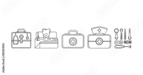 Medical and dental outline icons collection of first aid kits and dental tools
