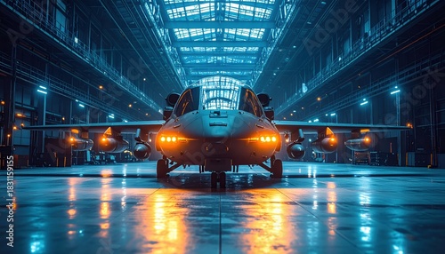 A military aircraft in a vast hangar symbolizes global defense technology development and advanced aviation innovation. The scene captures rising focus on security and aerospace engineering