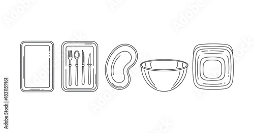 Outline of rectangular and curved kitchenware set with cutlery on white background