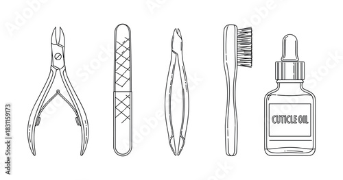 Manicure essentials: cuticle clippers, file, tweezers, brush, oil bottle