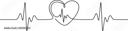 Continuous line drawing of heart with heartbeat. Pulse trace. Cardiogram icon. One line drawing. Single line art. one line Icon drawing